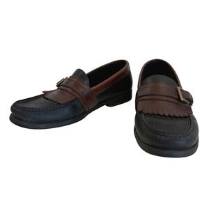 Sperry Tremont Kiltie Loafers 9M Black Brown Leather 2-Tone Buckle Dark Academia